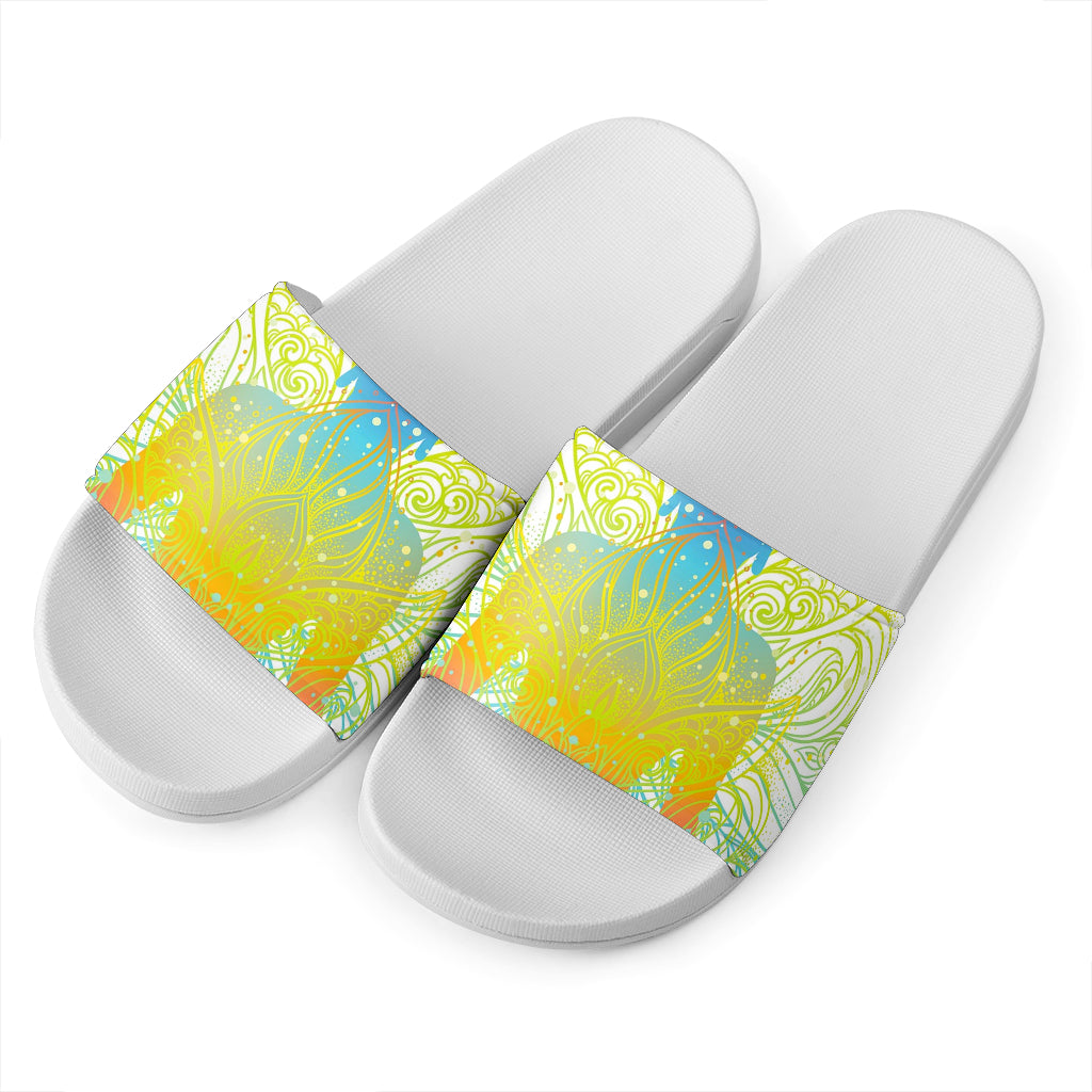 Colorful Buddha Lotus Print White Slide Sandals