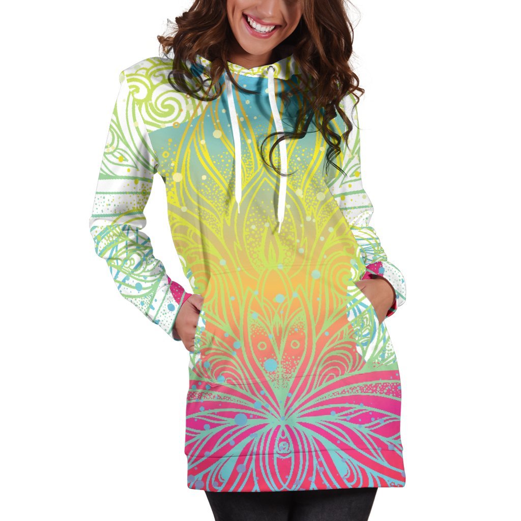 Colorful Buddha Lotus Print Women's Pullover Hoodie Dress