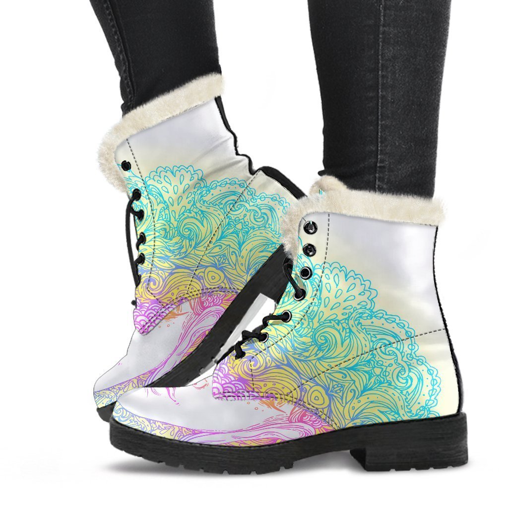 Colorful Buddha Mandala Print Faux Fur Leather Boots