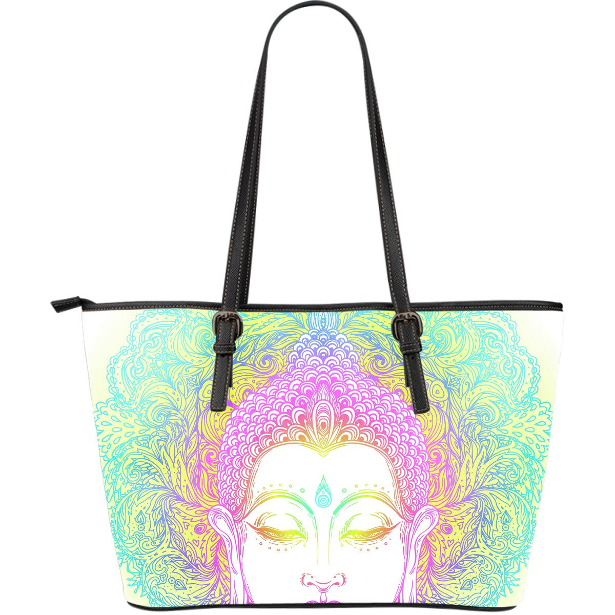 Colorful Buddha Mandala Print Leather Tote Bag