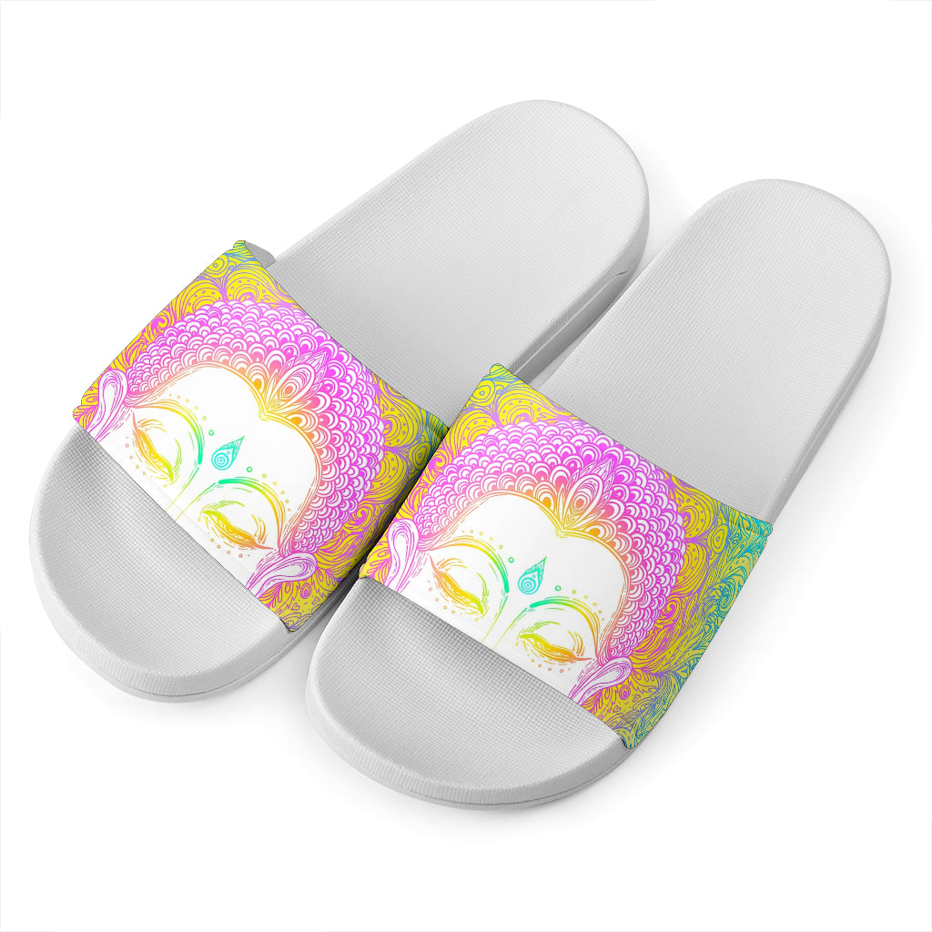 Colorful Buddha Mandala Print White Slide Sandals