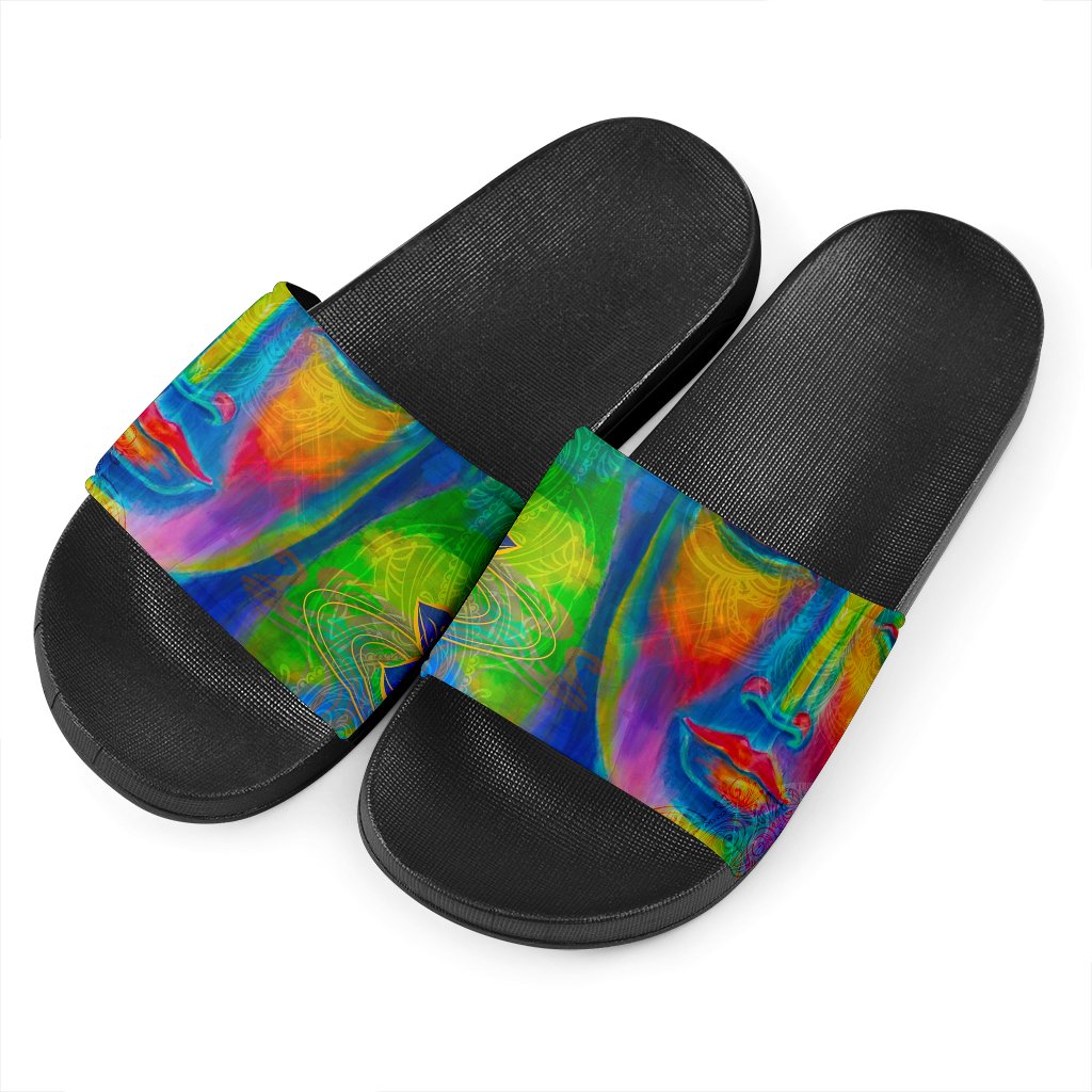 Colorful Buddha Print Black Slide Sandals