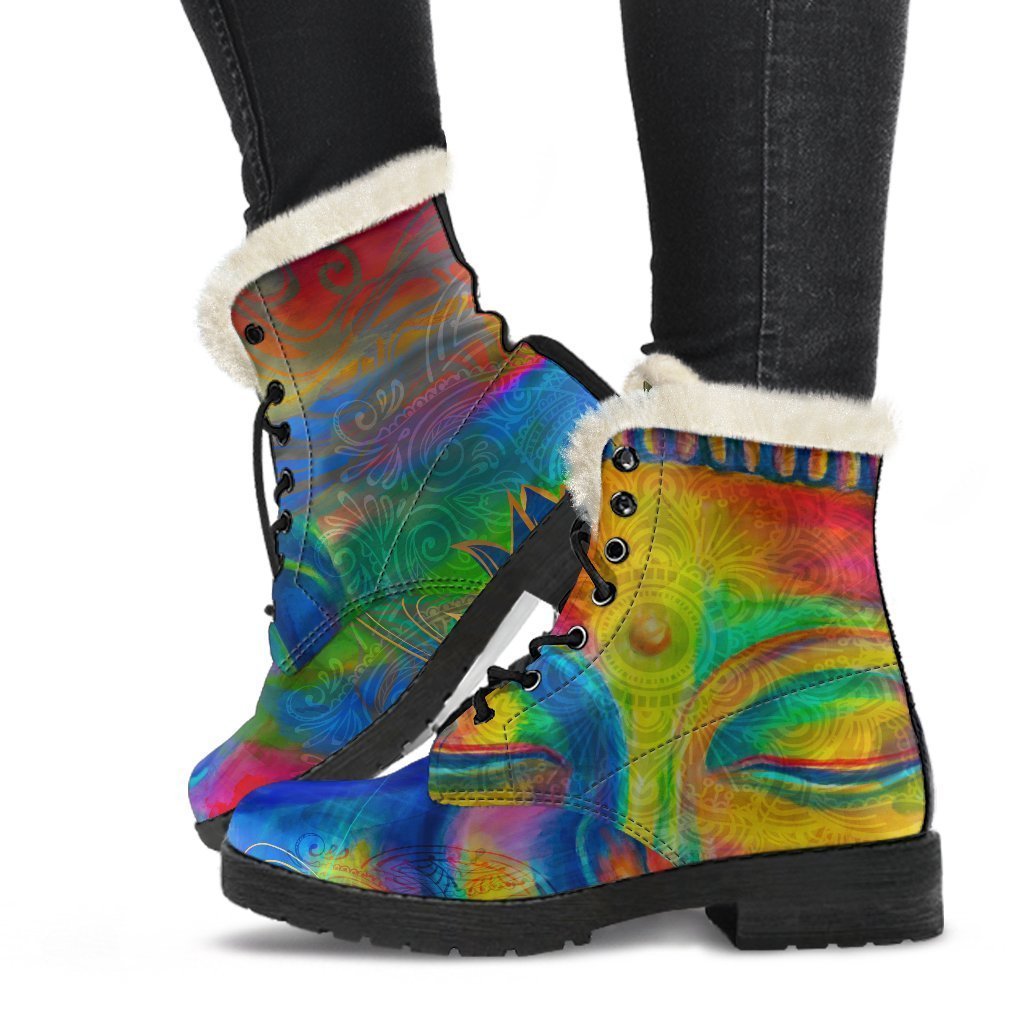 Colorful Buddha Print Faux Fur Leather Boots