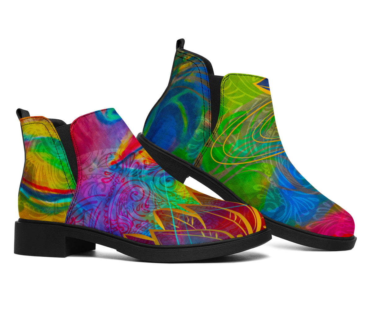 Colorful Buddha Print Flat Ankle Boots