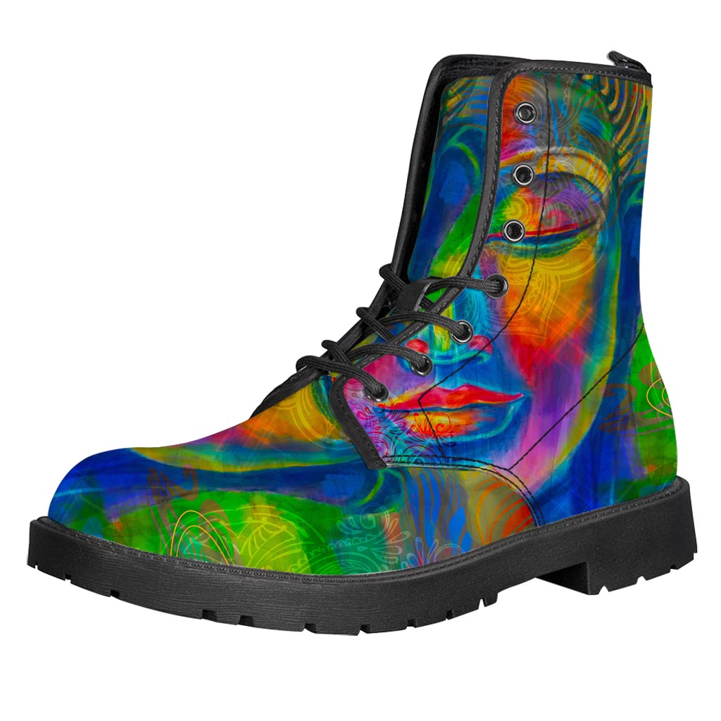 Colorful Buddha Print Leather Boots