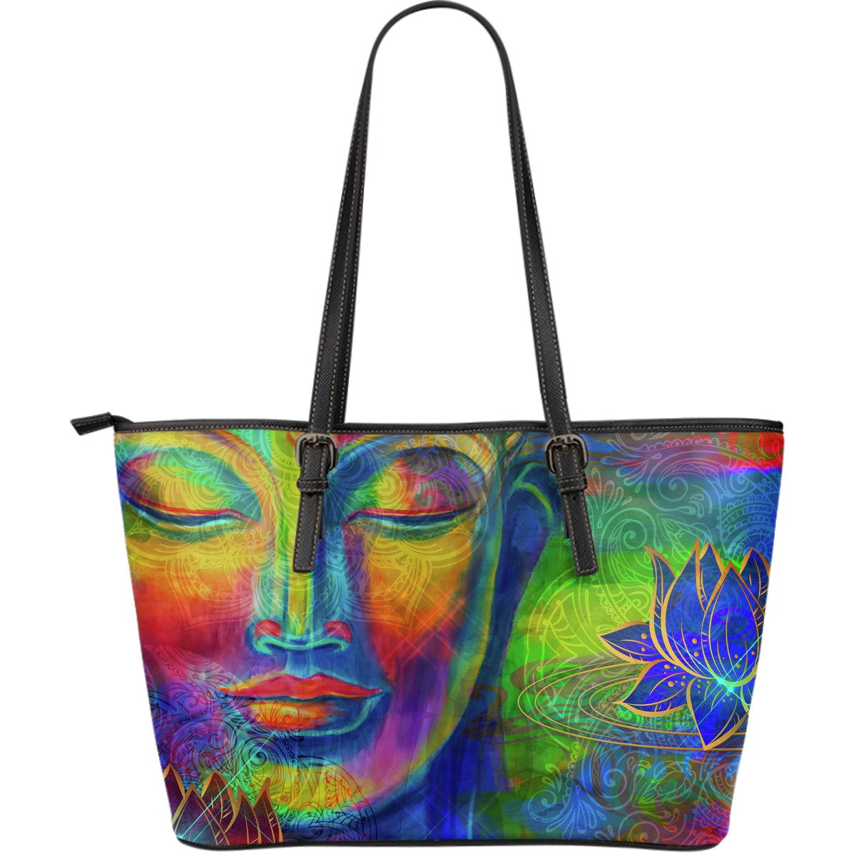 Colorful Buddha Print Leather Tote Bag