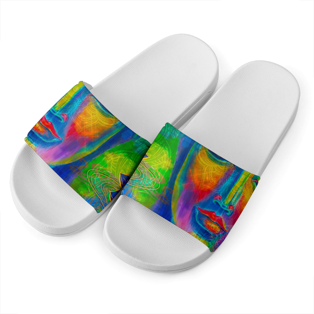 Colorful Buddha Print White Slide Sandals