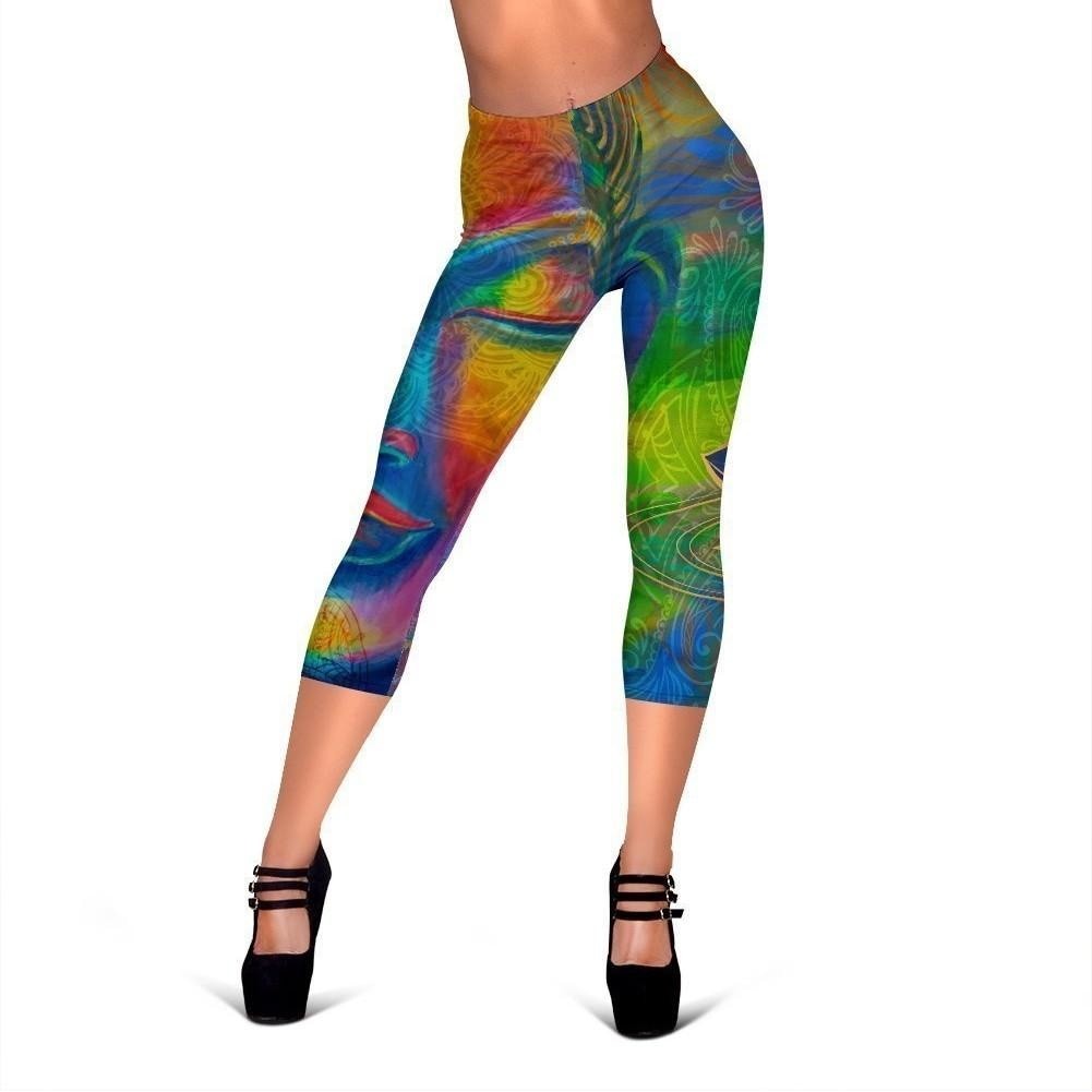 Colorful Buddha Print Women's Capri Leggings