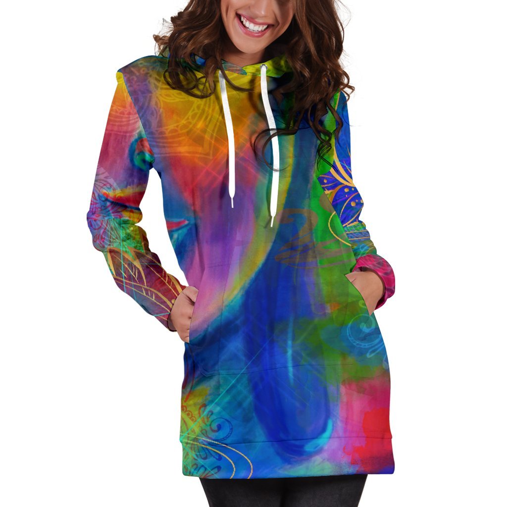 Colorful Buddha Print Women's Pullover Hoodie Dress