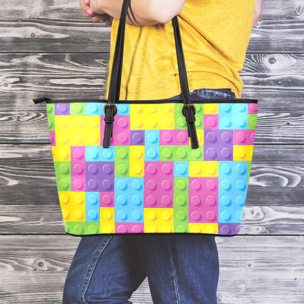 Colorful Building Blocks Pattern Print Leather Tote Bag