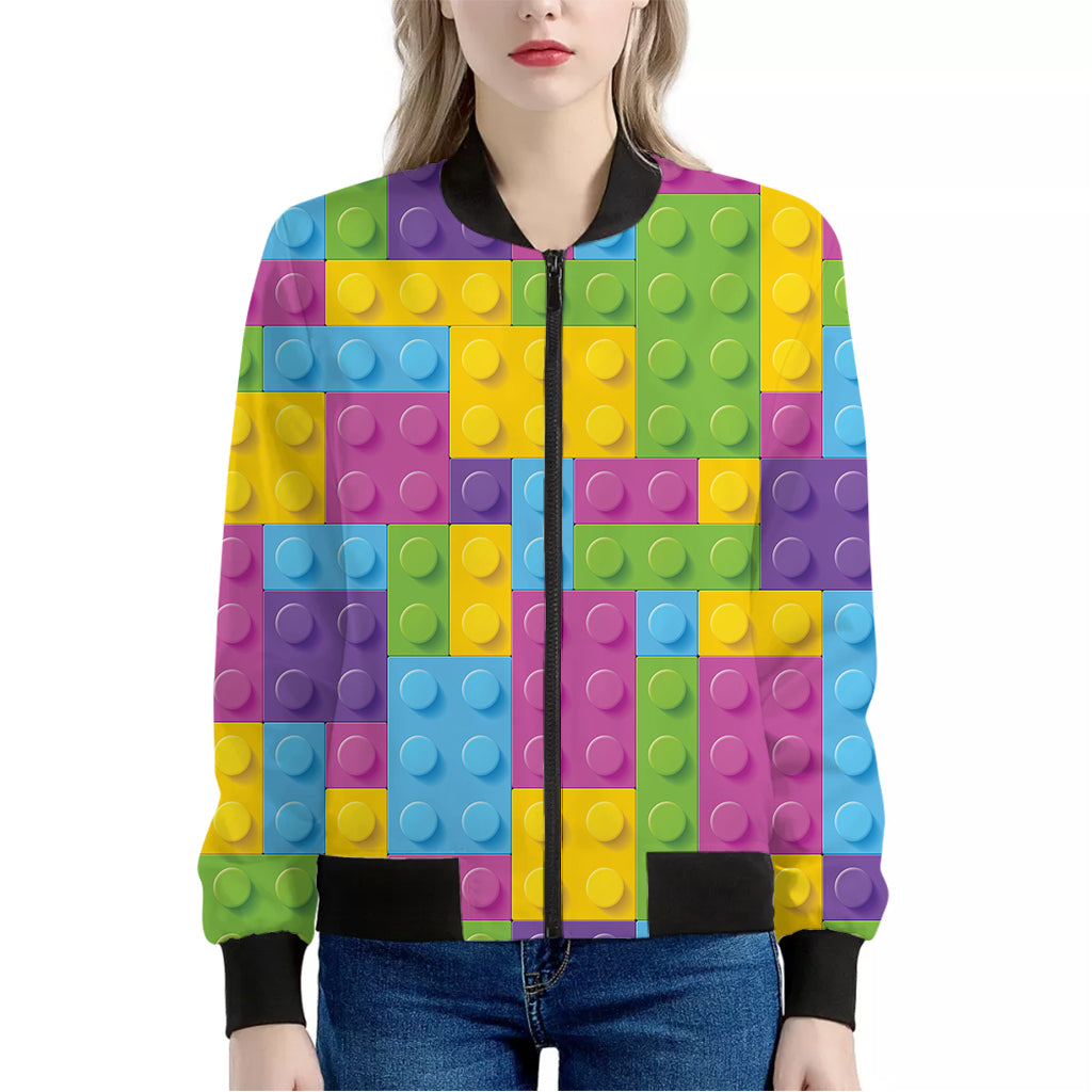 Colorful Building Blocks Pattern Print Women's Bomber Jacket