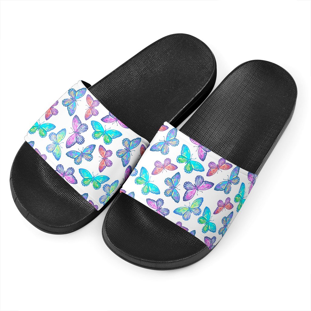 Colorful Butterfly Pattern Print Black Slide Sandals