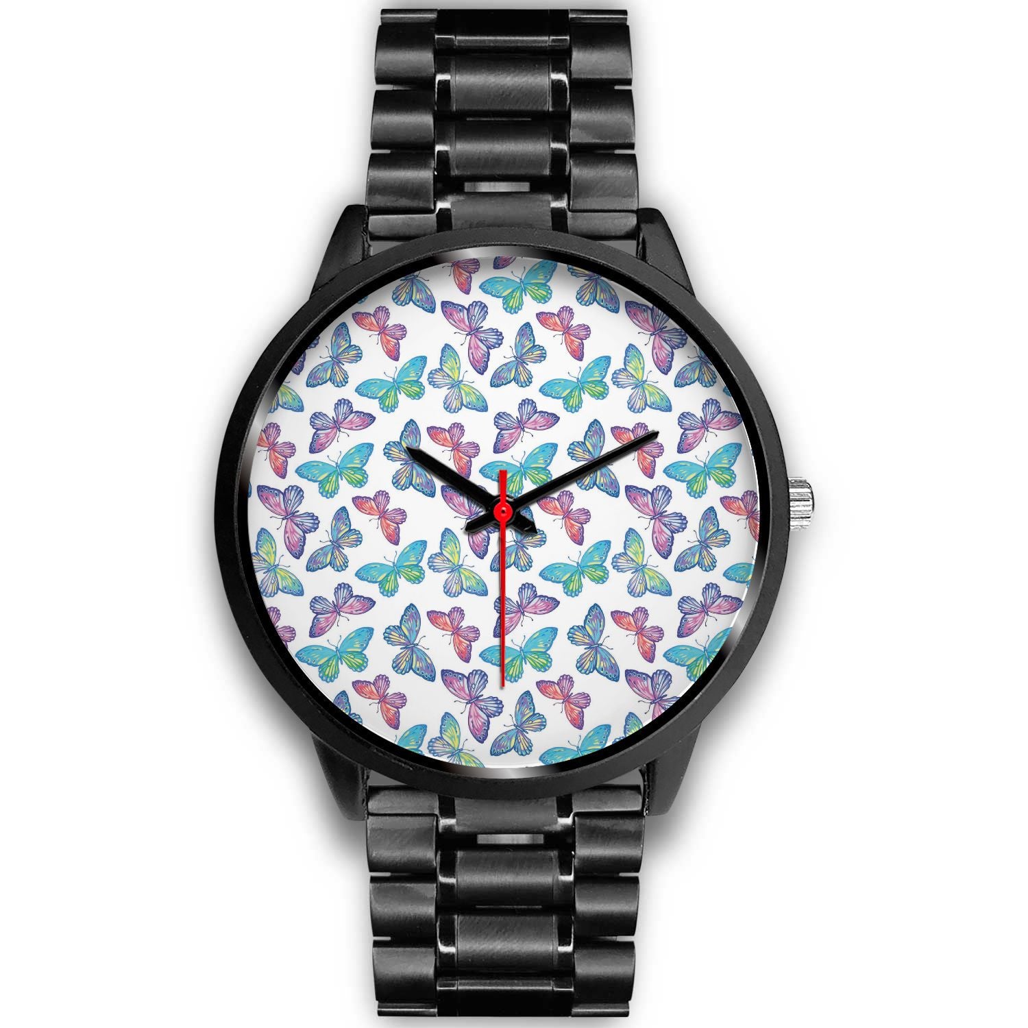 Colorful Butterfly Pattern Print Black Watch