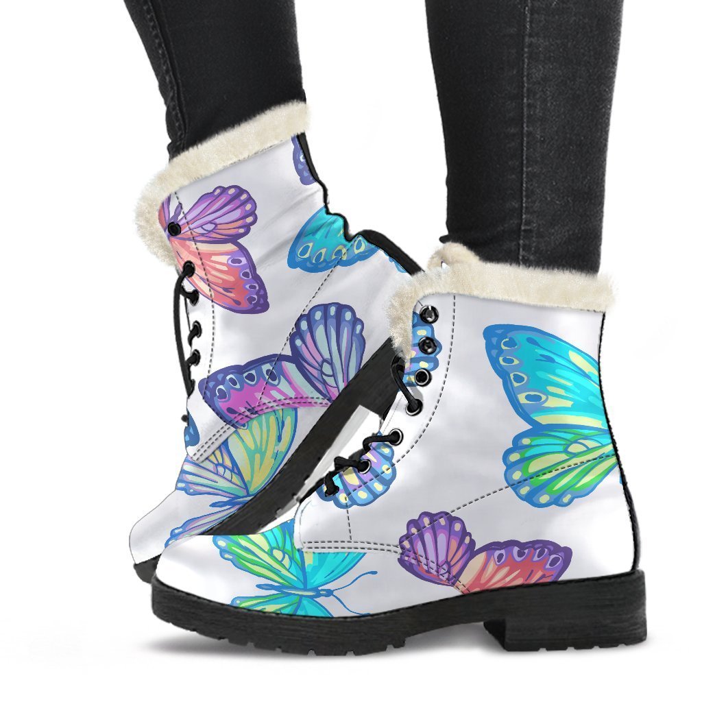 Colorful Butterfly Pattern Print Faux Fur Leather Boots