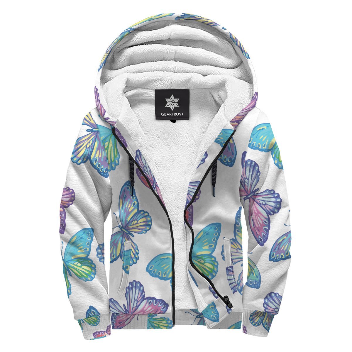 Colorful Butterfly Pattern Print Sherpa Lined Fleece Hoodie