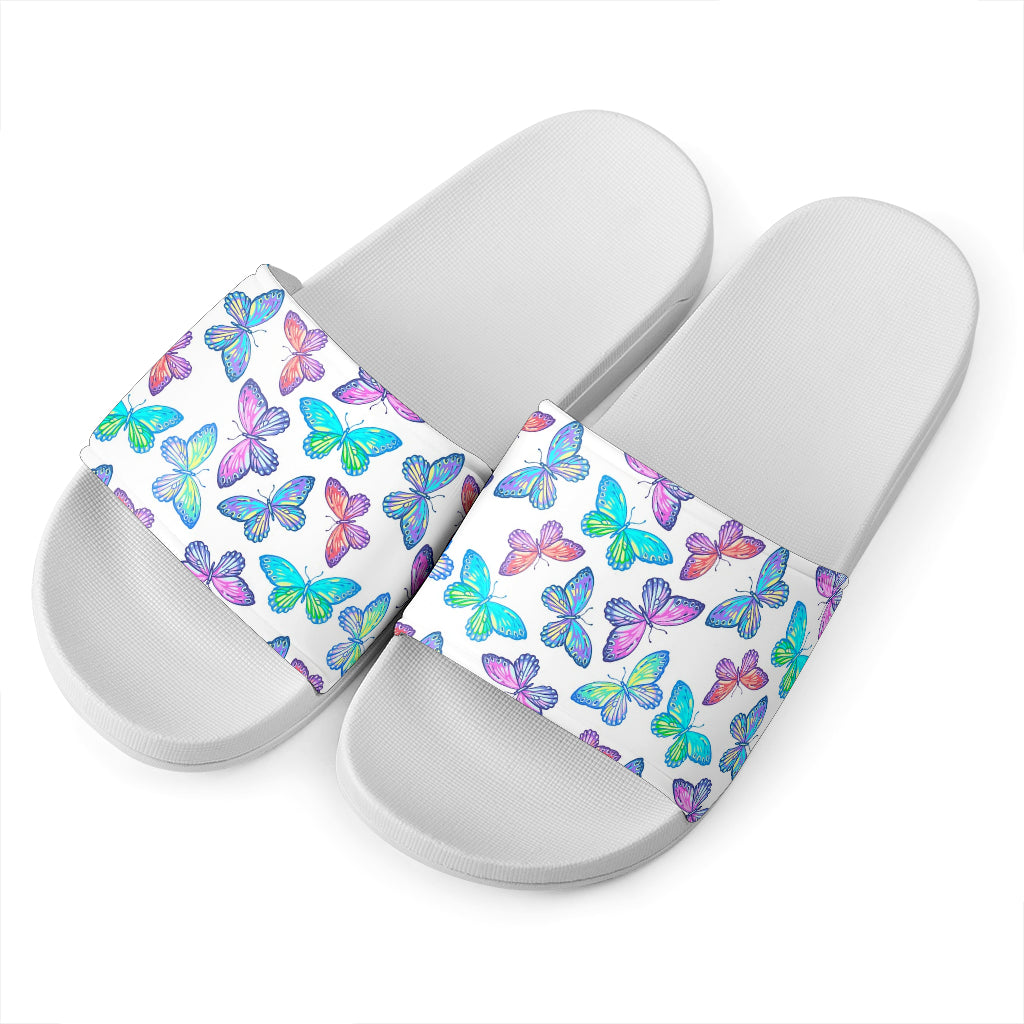 Colorful Butterfly Pattern Print White Slide Sandals