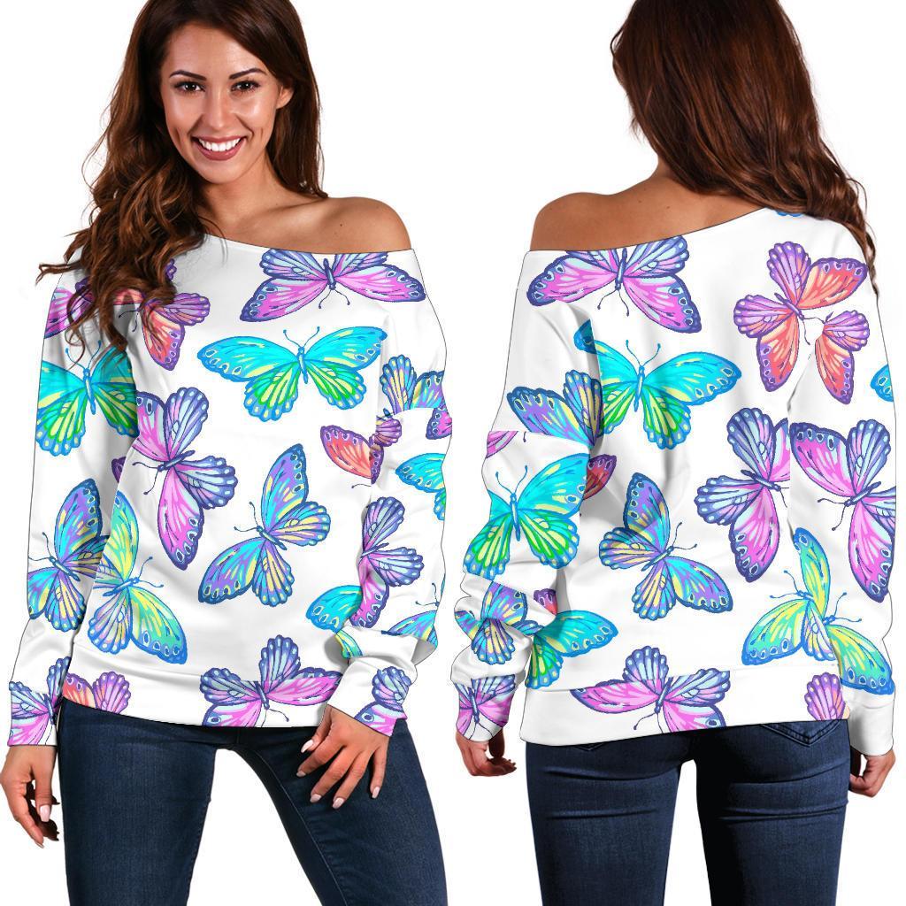 Colorful Butterfly Pattern Print Women's Off-Shoulder Sweatshirt