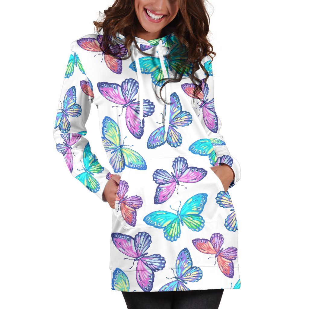 Colorful Butterfly Pattern Print Women's Pullover Hoodie Dress