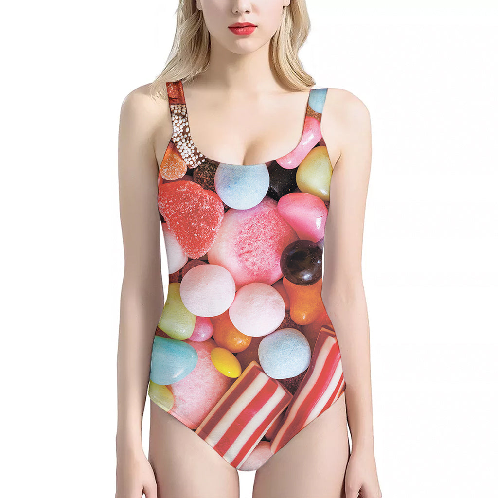 Colorful Candy And Jelly Print One Piece Halter Neck Swimsuit