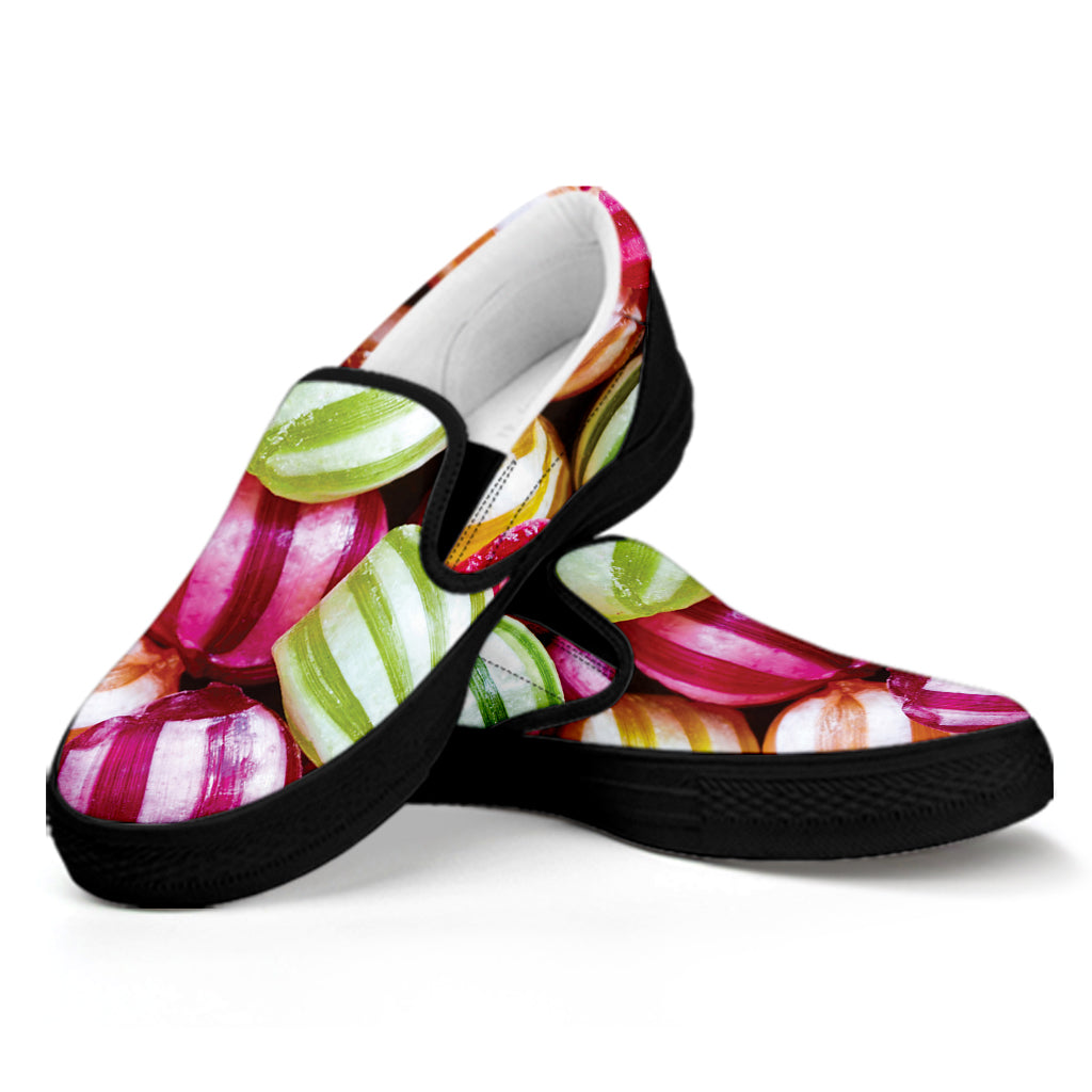 Colorful Candy Ball Print Black Slip On Shoes