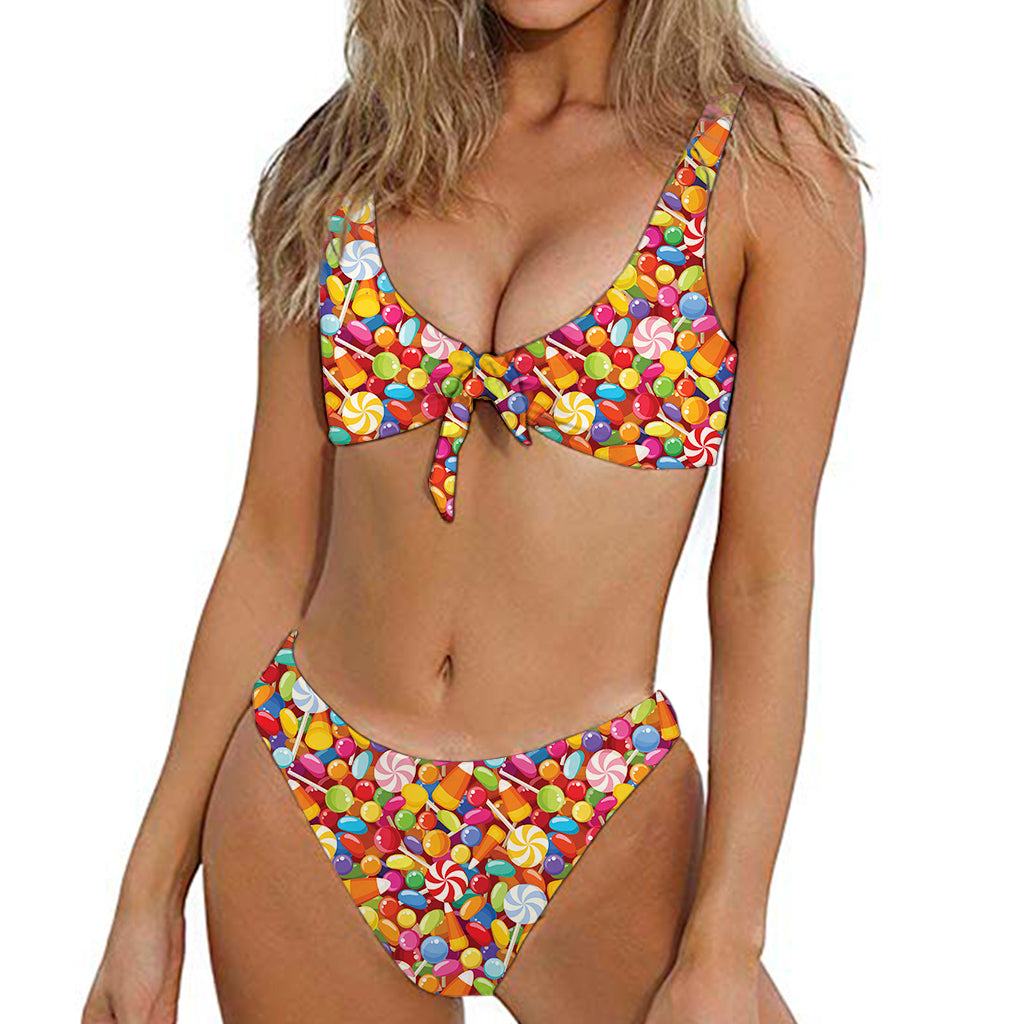 Colorful Candy Pattern Print Front Bow Tie Bikini