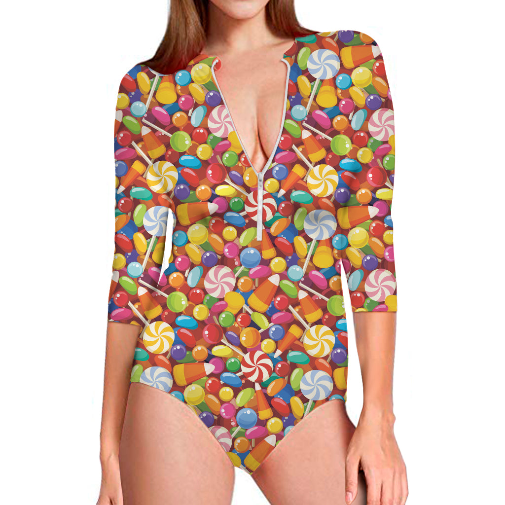 Colorful Candy Pattern Print Long Sleeve One Piece Swimsuit