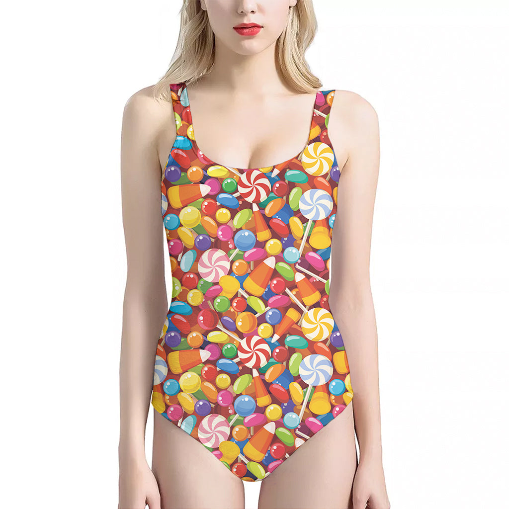 Colorful Candy Pattern Print One Piece Halter Neck Swimsuit