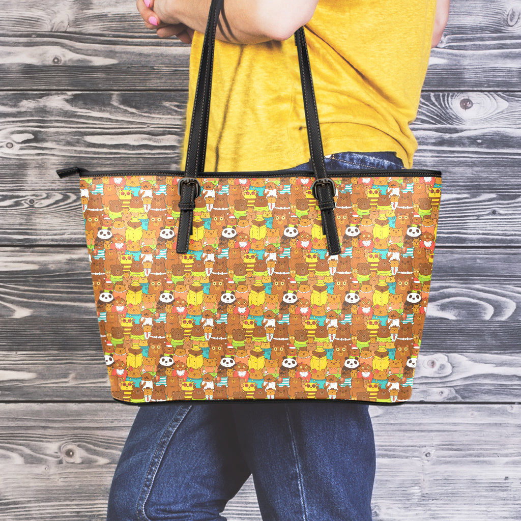 Colorful Cartoon Baby Bear Pattern Print Leather Tote Bag