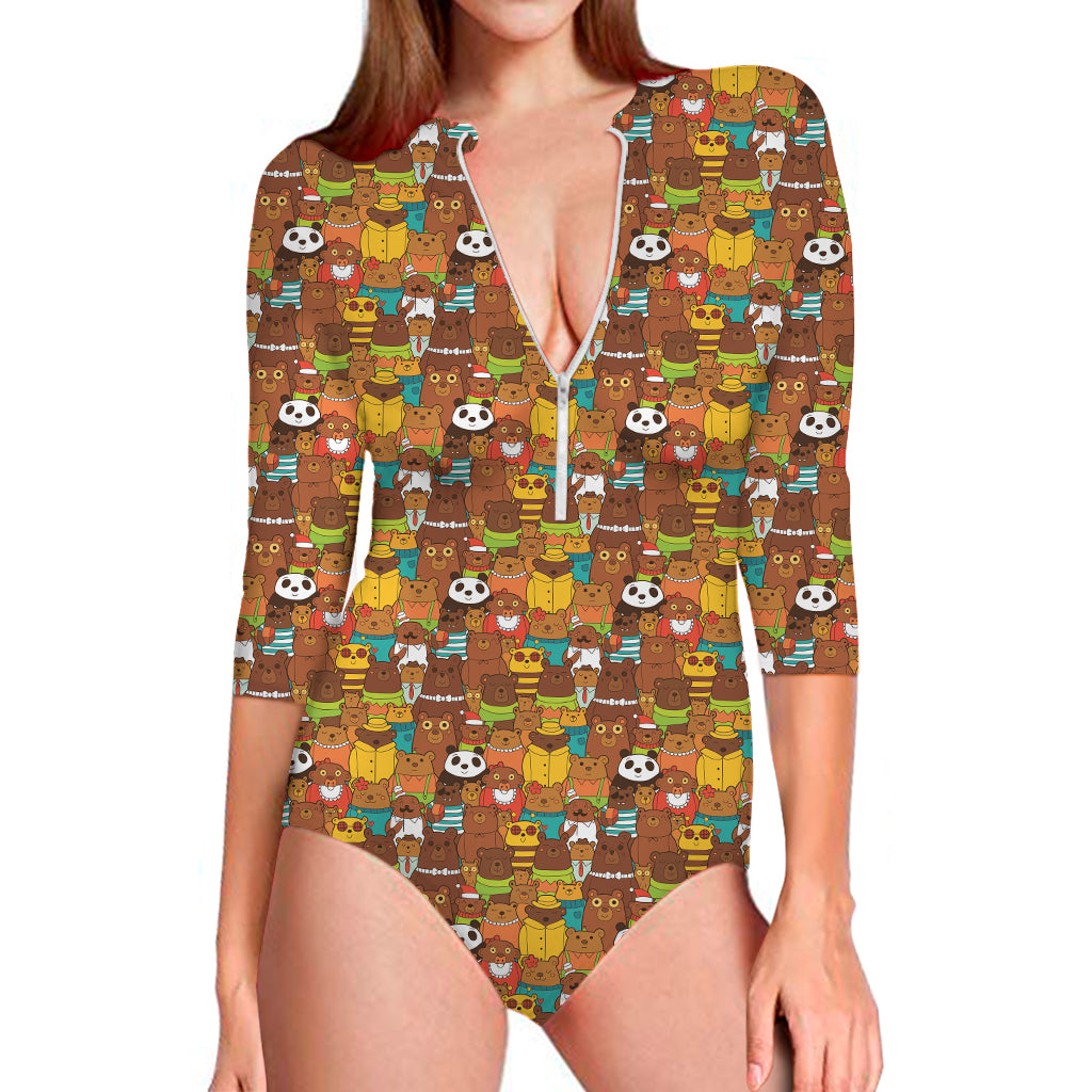 Colorful Cartoon Baby Bear Pattern Print Long Sleeve One Piece Swimsuit