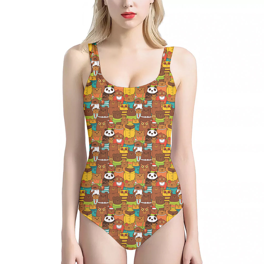 Colorful Cartoon Baby Bear Pattern Print One Piece Halter Neck Swimsuit