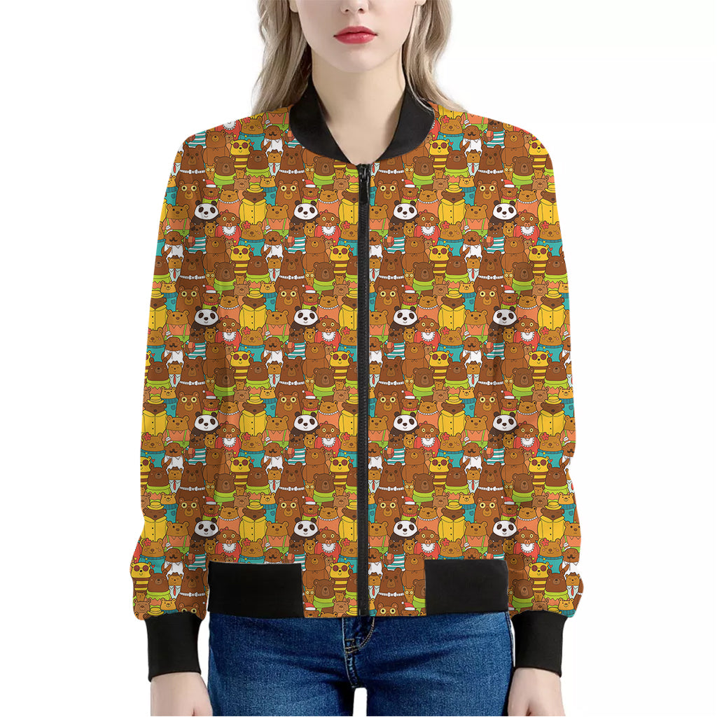 Colorful Cartoon Baby Bear Pattern Print Women's Bomber Jacket