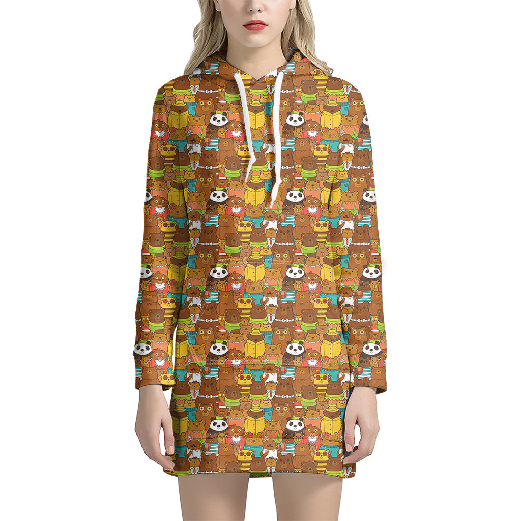 Colorful Cartoon Baby Bear Pattern Print Women's Pullover Hoodie Dress