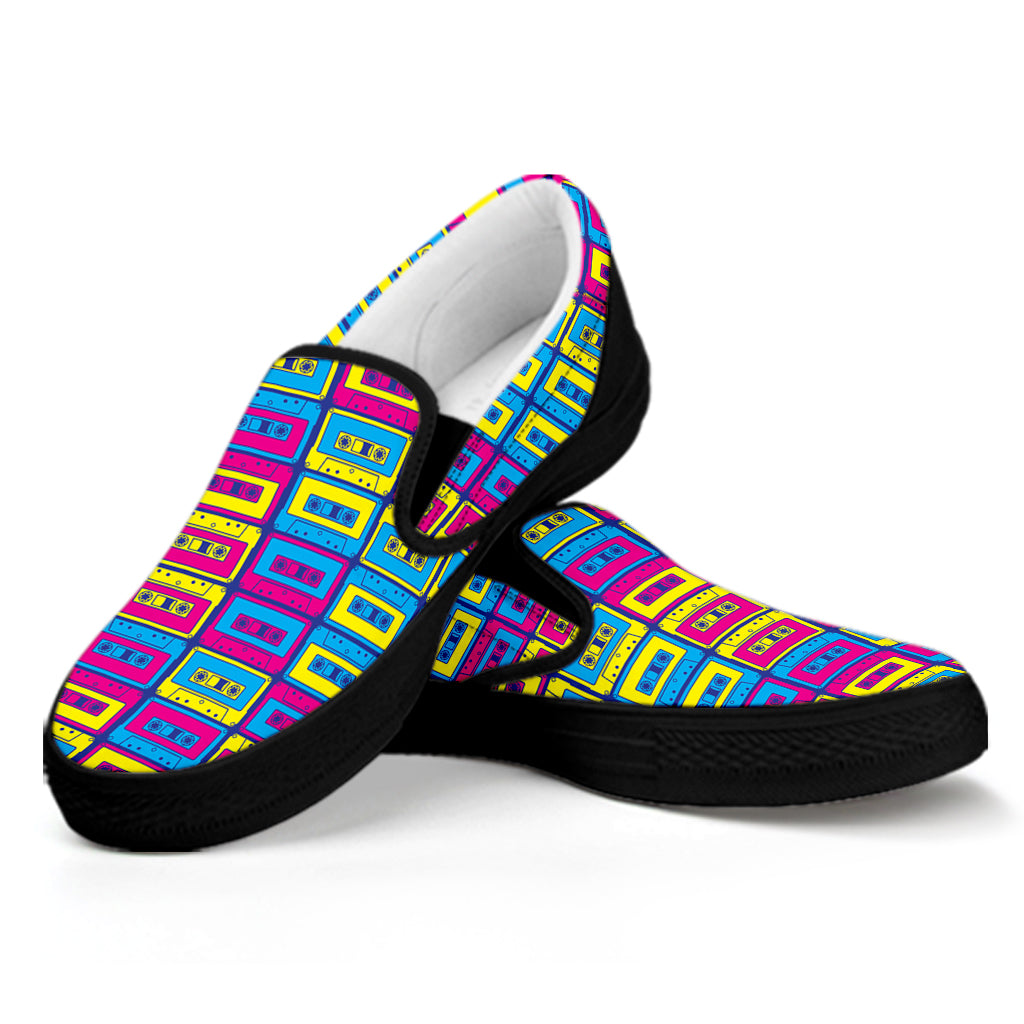 Colorful Cassette Tape Print Black Slip On Shoes