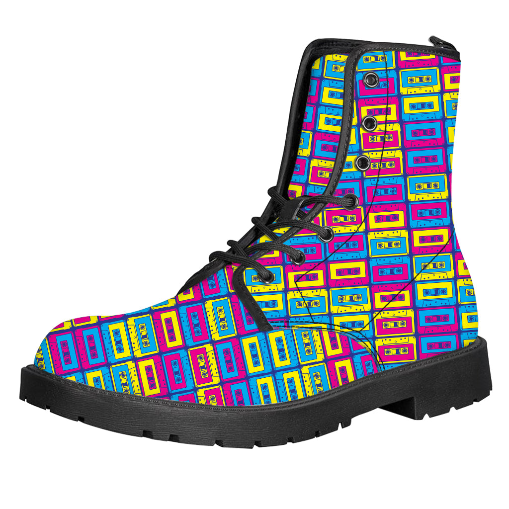 Colorful Cassette Tape Print Leather Boots