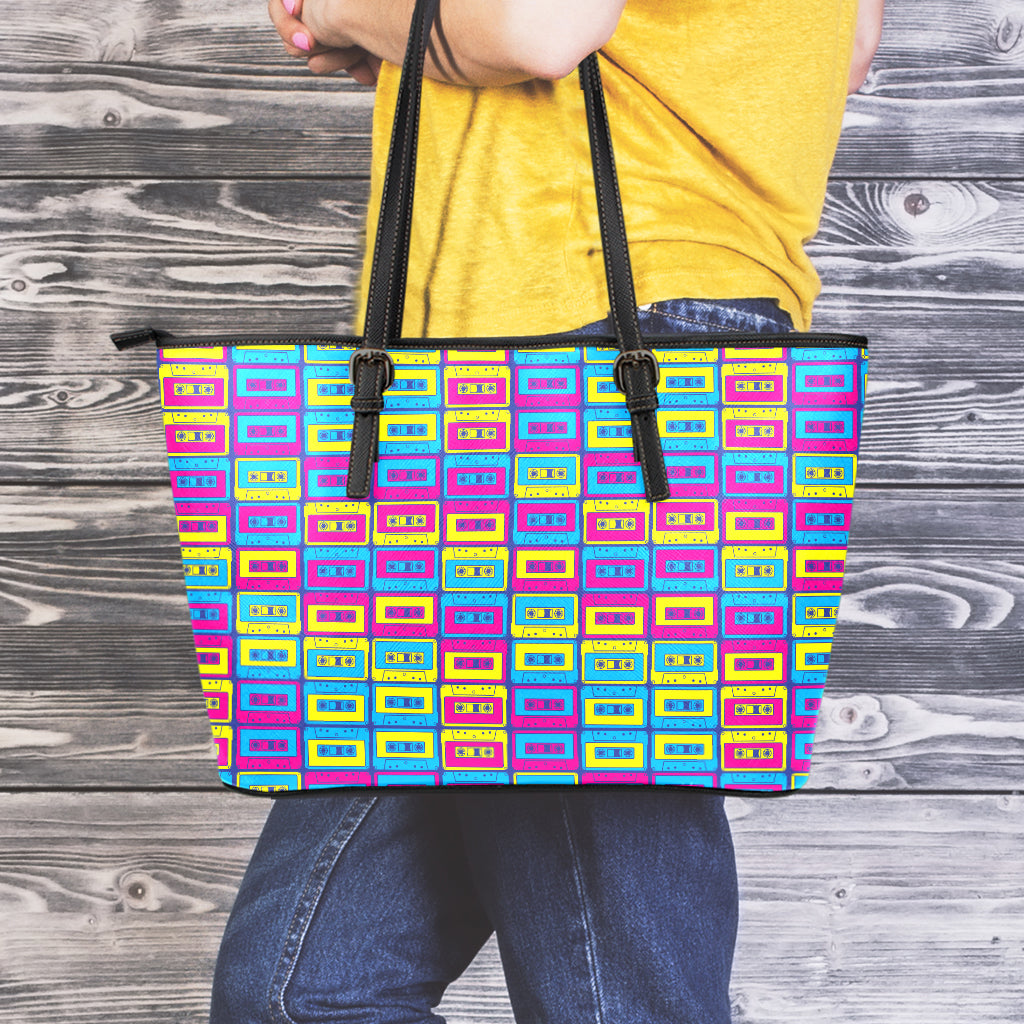 Colorful Cassette Tape Print Leather Tote Bag