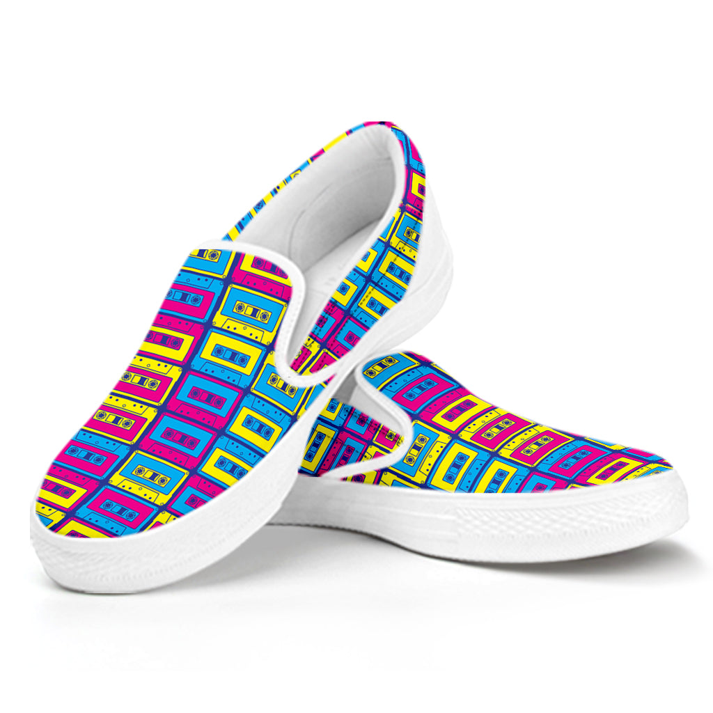 Colorful Cassette Tape Print White Slip On Shoes