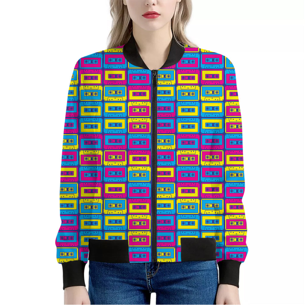 Colorful Cassette Tape Print Women's Bomber Jacket