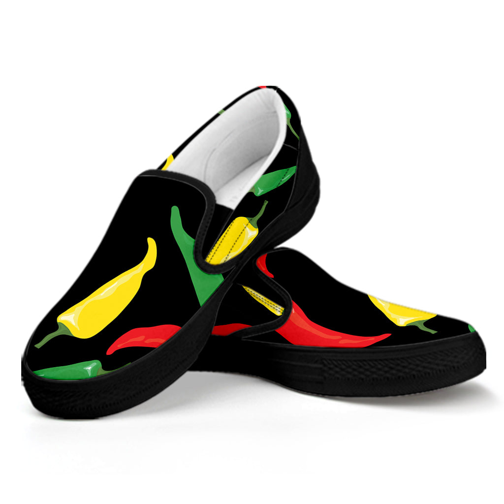 Colorful Chili Peppers Pattern Print Black Slip On Shoes