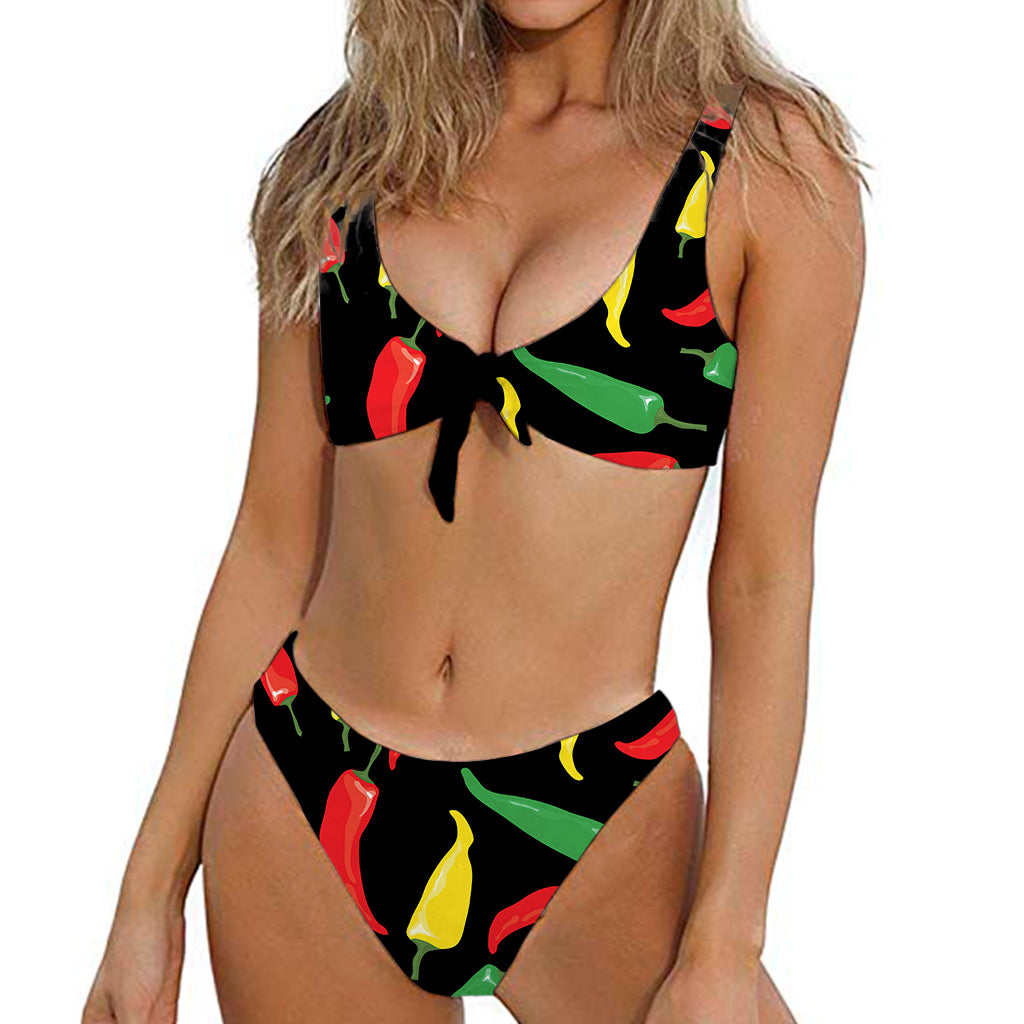 Colorful Chili Peppers Pattern Print Front Bow Tie Bikini