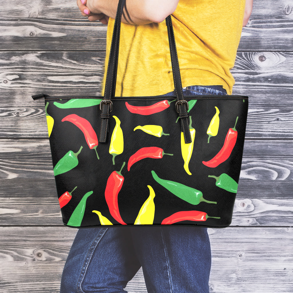 Colorful Chili Peppers Pattern Print Leather Tote Bag