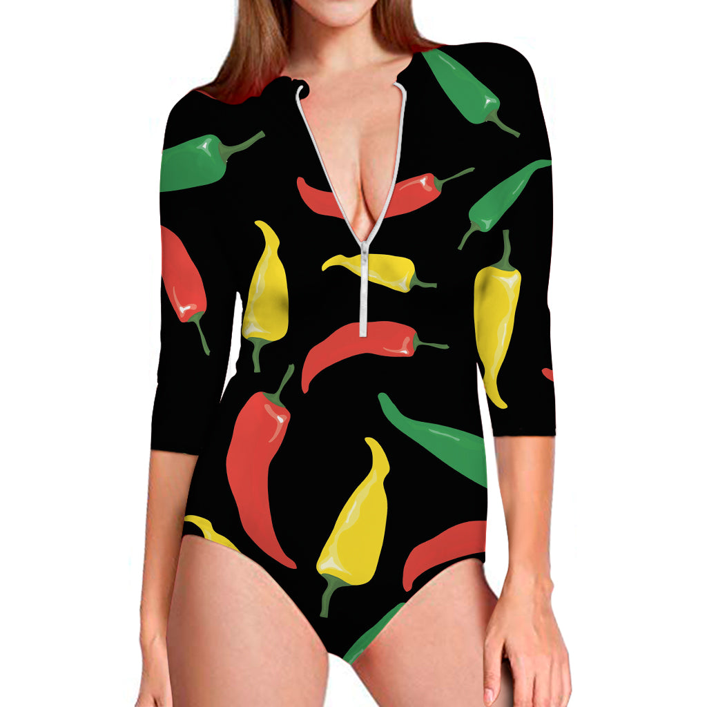 Colorful Chili Peppers Pattern Print Long Sleeve One Piece Swimsuit