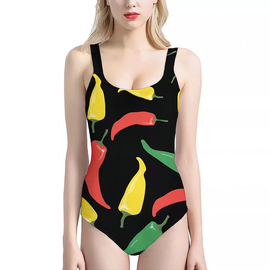 Colorful Chili Peppers Pattern Print One Piece Halter Neck Swimsuit