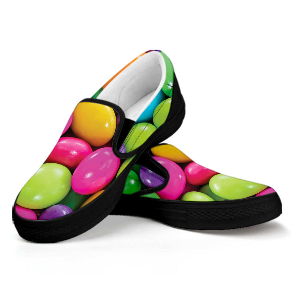 Colorful Chocolate Candy Print Black Slip On Shoes