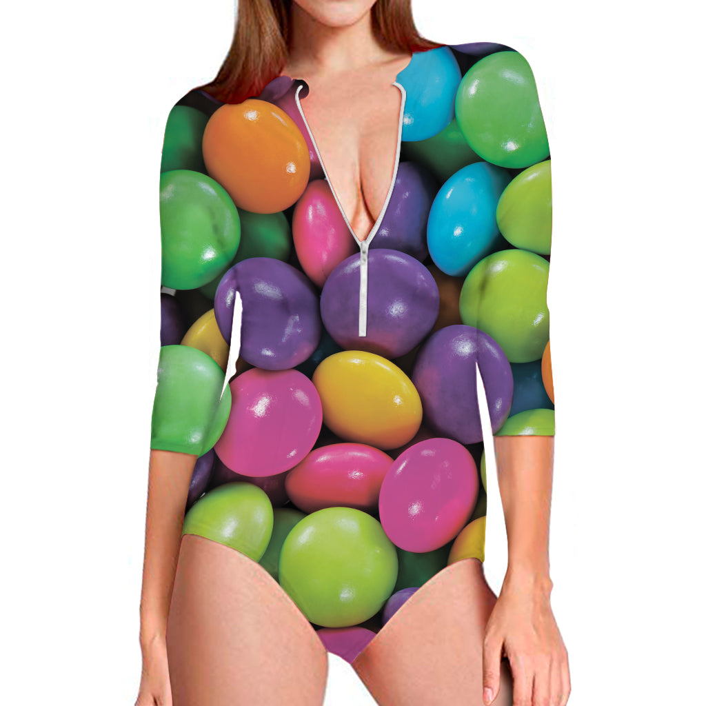 Colorful Chocolate Candy Print Long Sleeve One Piece Swimsuit