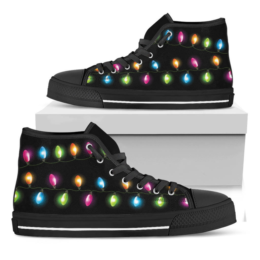 Colorful Christmas Lights Print Black High Top Shoes