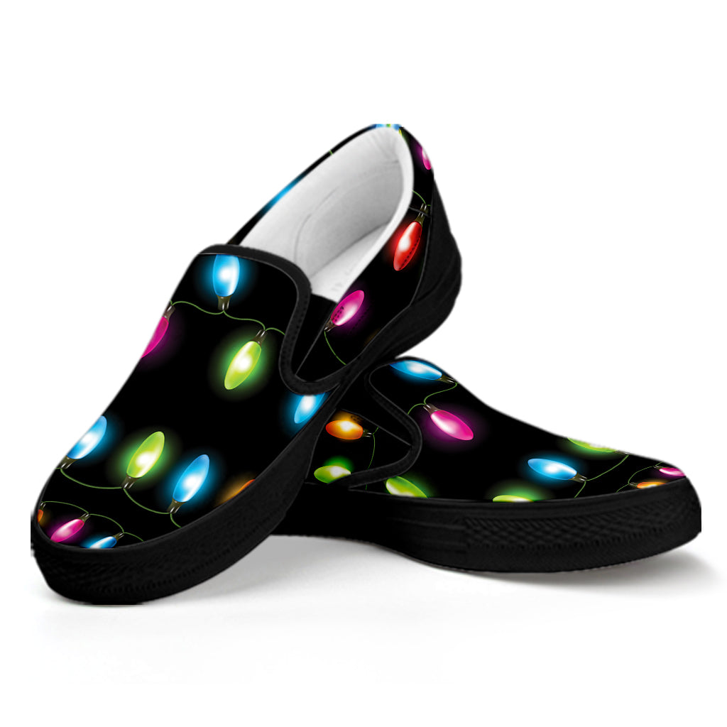 Colorful Christmas Lights Print Black Slip On Shoes