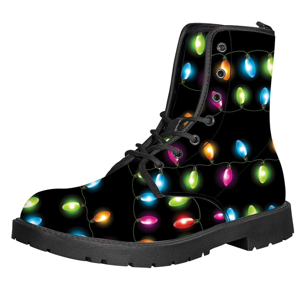 Colorful Christmas Lights Print Leather Boots