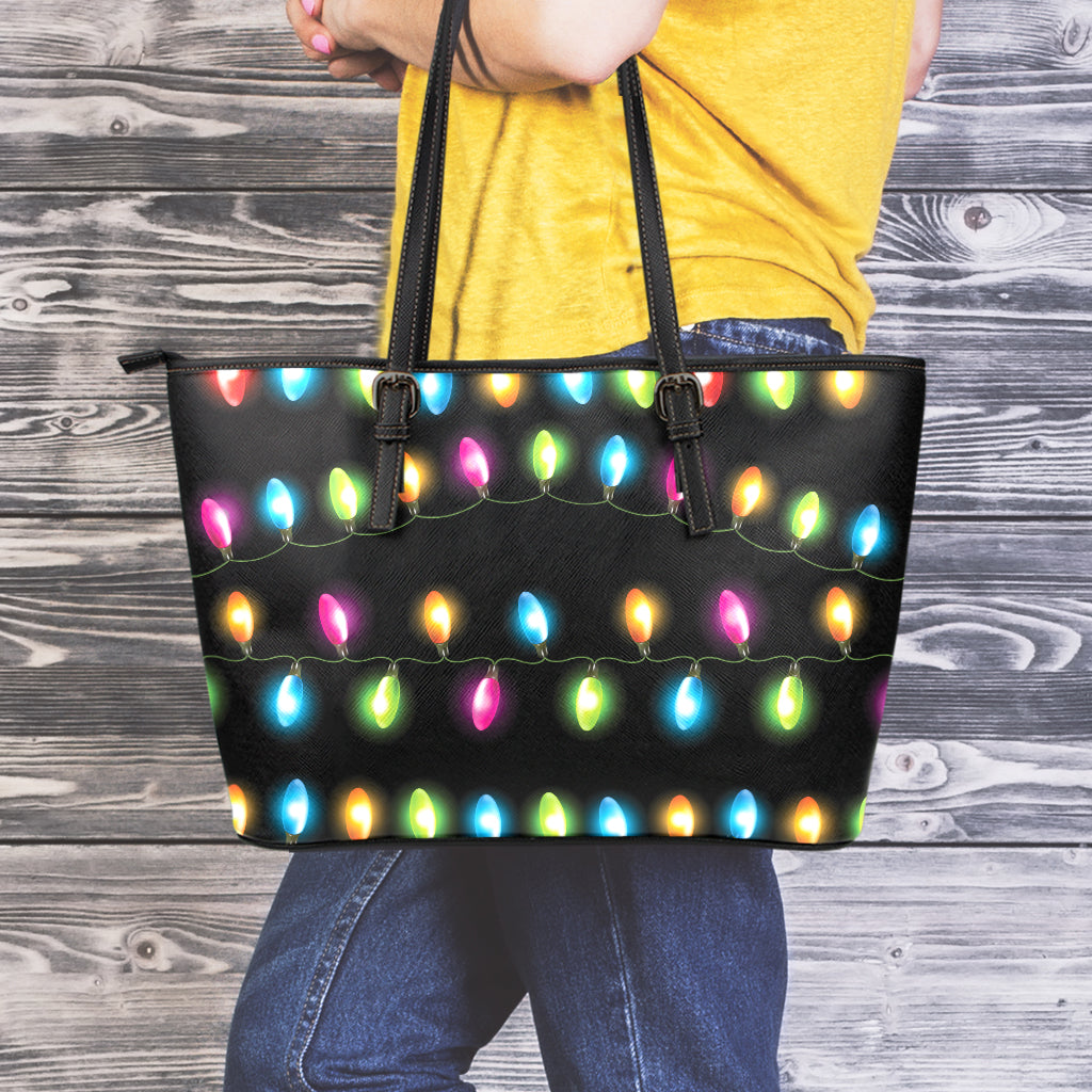 Colorful Christmas Lights Print Leather Tote Bag