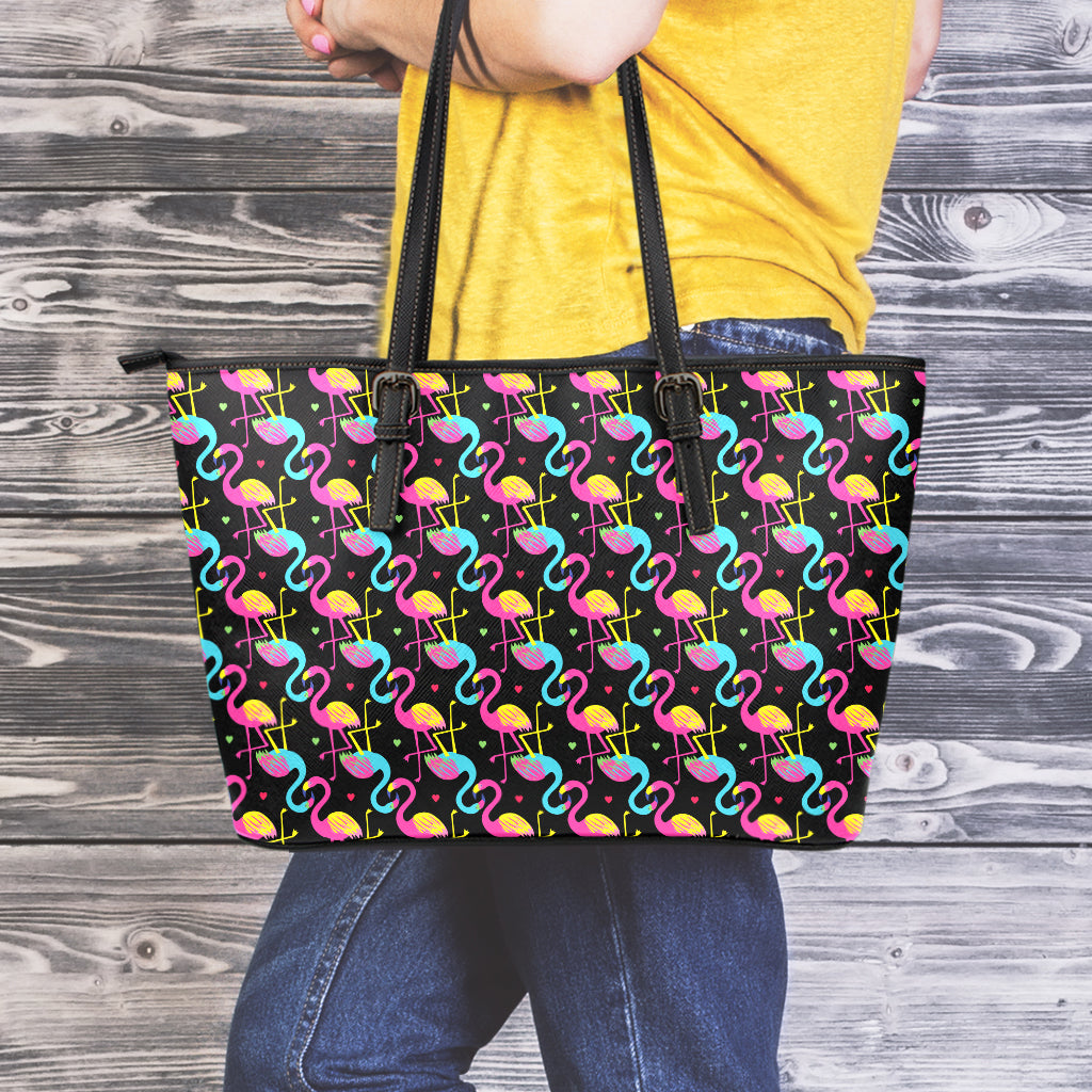 Colorful Flamingo Pattern Print Leather Tote Bag