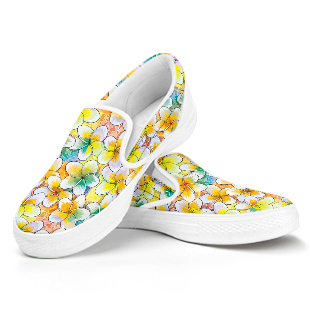 Colorful Frangipani Pattern Print White Slip On Shoes